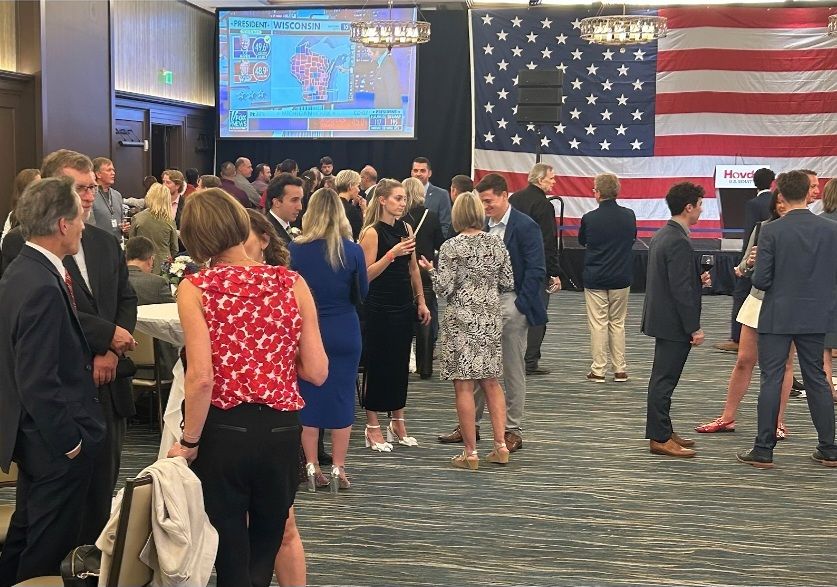 The crowd at Republican Senate Candidate Eric Hovde's candidate party is growing.
This is at the Edgewater in Madison.
NOTE: 49% of the vote is in for Hovde's race against Senator Tammy Baldwin. The results are tied.