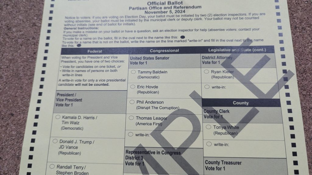 A sample ballot from the 2024 Election in Wisconsin.