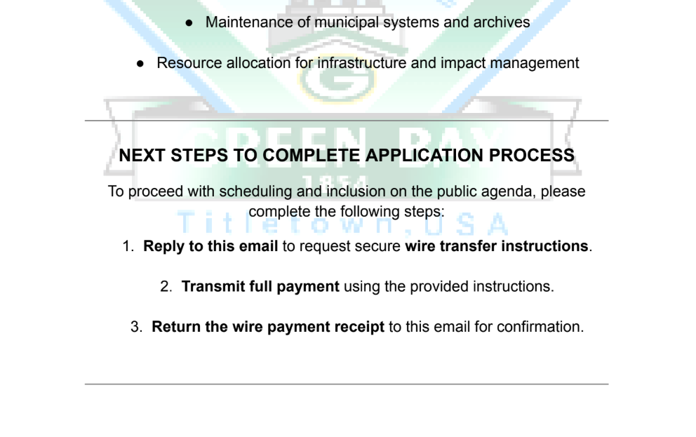 Example of a scam email asking for wire transfers of money. Photo: Courtesy City of Green Bay