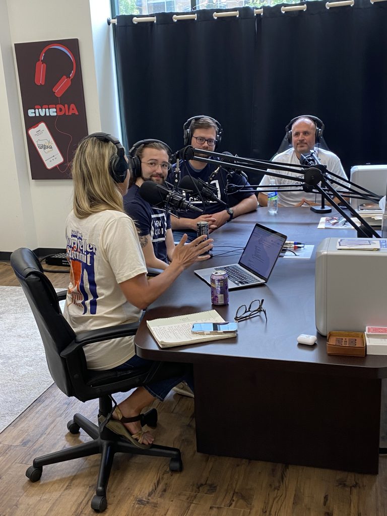 picture of Dr. Kristin Lyerly talking with Wisconsin Youth Organizing Manager for Men4Choice Alan Tipple, public school teacher Abraham Lyerly, and Officer and girl dad Craig Carlson in WGBW studio