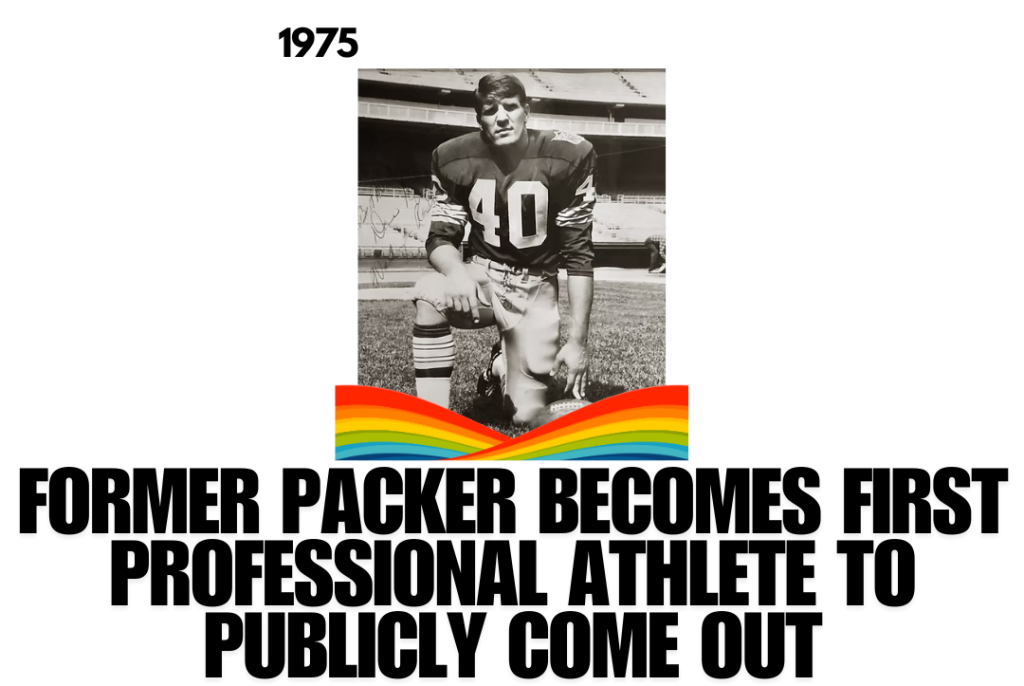 Black and white photograph of Dave Kopay on one knee in his Packer's uniform at Lambeau Field.