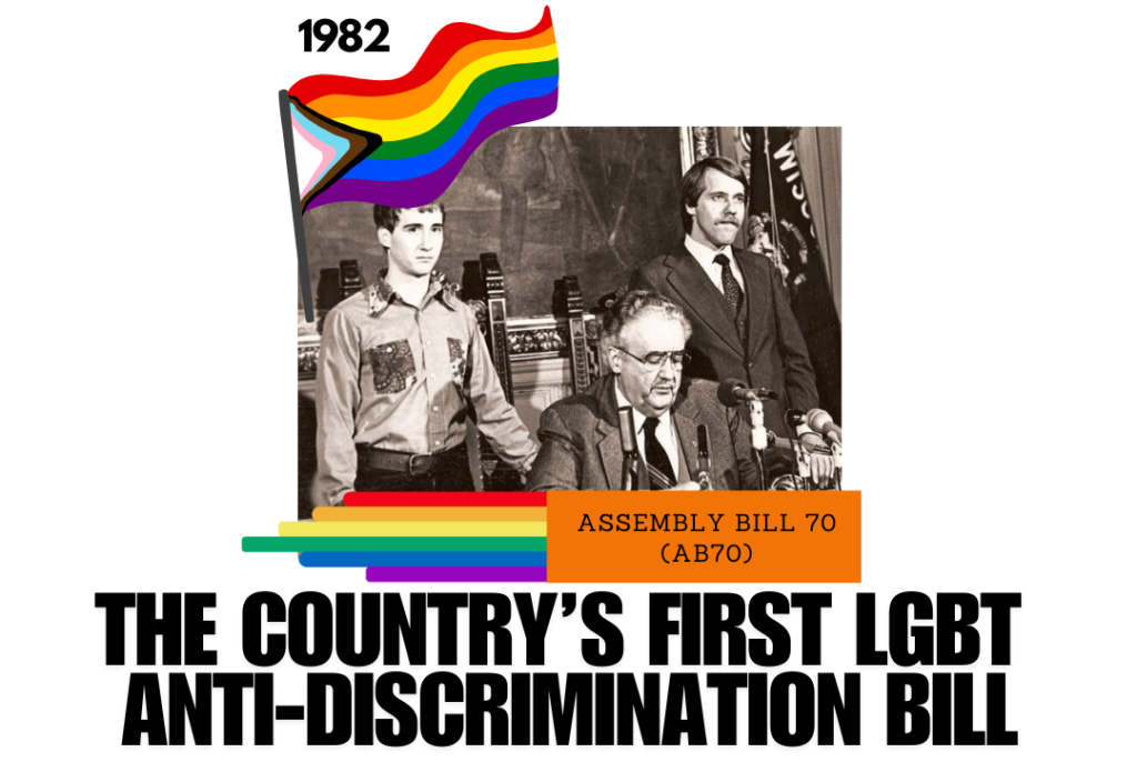 Black and white photograph of Governor Lee Dreyfuss signing the anti-discrimination bill in 1982 with an unidentified white male to his left and David Clarenbach to his right.  