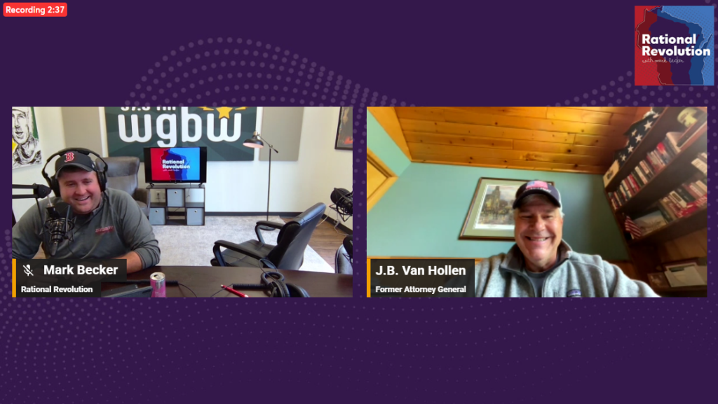 Screenshot of Mark Becker in WGBW studios on Streamyard with JB Van Hollen off to the right in his den both smiling
