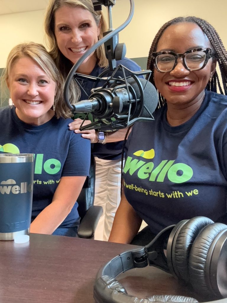 Picture of Natalie Bomstad, Dr. Kristin Lyerly, and Charm Der in WGBW studio surrounded by Microphones and Headphones