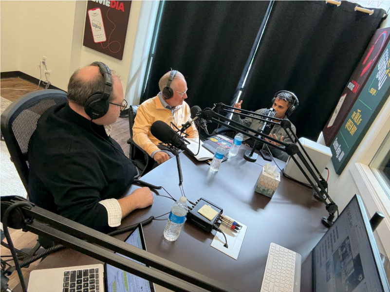 Photo of John Brogan, Kurt Voss and Sachin Shivaram in WGBW Studio during the recording of this episode talking to each other.
