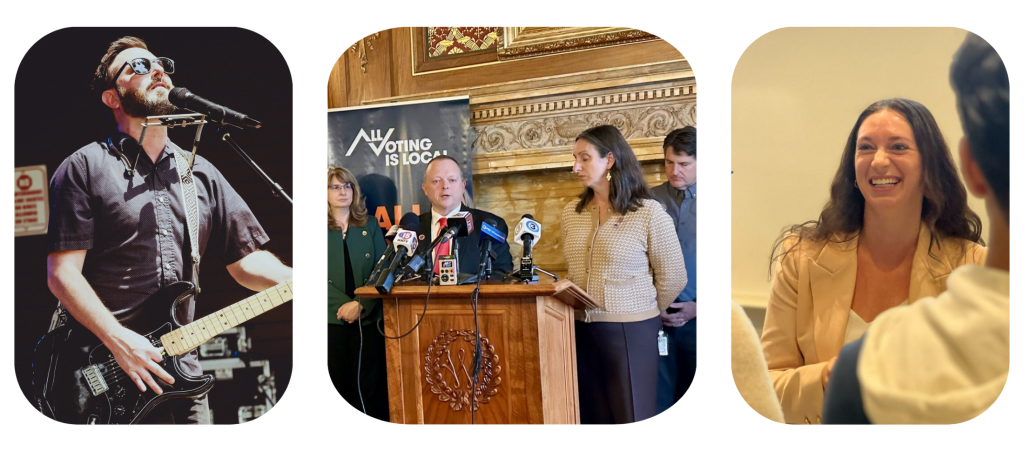 Image of Erik Kjelland playing guitar with sunglasses on next to a photograph Rep. Scott Krug and Rep. Lee Snodgrass at a joint conference next to a photo of Allie Denburg from Too Good To Go. 