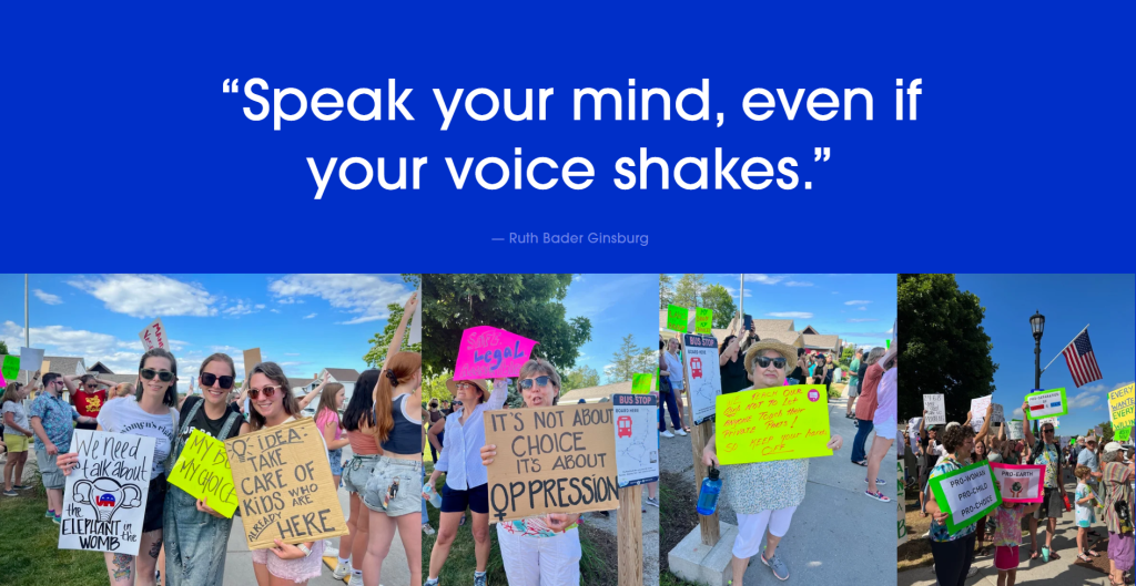 Photo that says "Speak your mind, even if i your voice shakes." a quote from Ruth Bader Ginsburg with images of women holding protests signs about oppression. 