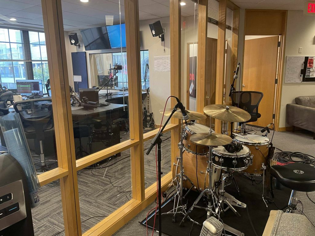 WMDX studio and Austin's Ludwig drum kit