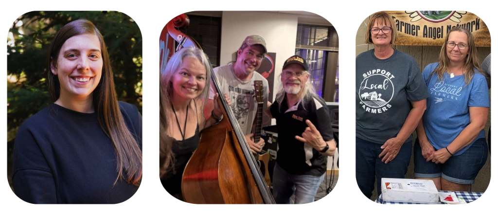 Picture of Wisconsin State Cranberry Growers Association's Communication Manager Holly Herline next to a picture of the Wagon Roots band with Max Ink Radio's Rokker next to a picture of the Farmer Angel Network founders Brenda Statz and Dorothy Harms