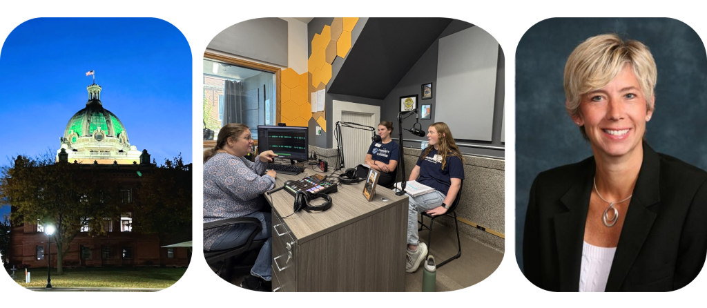 Lancaster City hall lit green for Operation Green Light next to an image of Lisa Hale with Abby D. and Ella S. at WISS studio next to a portrait of WIAA Executive Director Stephanie Hauser