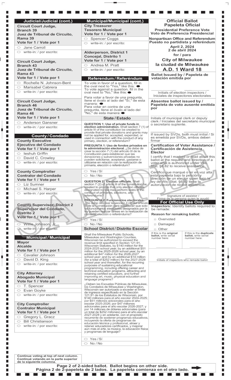 Sample Scan Ballot Notice of Spring Election and Presidential Preference Vote and Sample ...