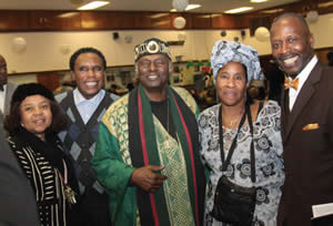 The 13th Annual “King Fest” was held at the African American Women’s Center celebrating the 85th Birthday Celebration for Dr. Martin Luther King, Jr. on Monday, Jan. 20, 2014. Keynote speaker was Dr. Leonard Jeffries. Pictured above from l to r are Josephine Hill, Rev. Johnny Moutry, Dr. Jeffries, Sis. Herrera and Minister William Muhammad. (Photo by Robert A. Bell)