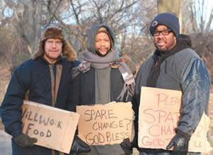 Tim Metcalfe, left, owner of Metcalfe’s Market, Will Green, center, director of the Mentoring Positives Inc. and the Salvation Army Community Center, and Michael Johnson, CEO of the Boys and Girls Club of Dane County, went undercover to experience life as homeless men.