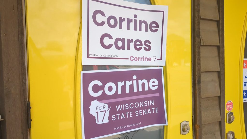 Signs for Wisconsin Senate District 17 Democratic candidate Corrine Hendrickson in Fennimore during a campaign stop on April 23, 2026.