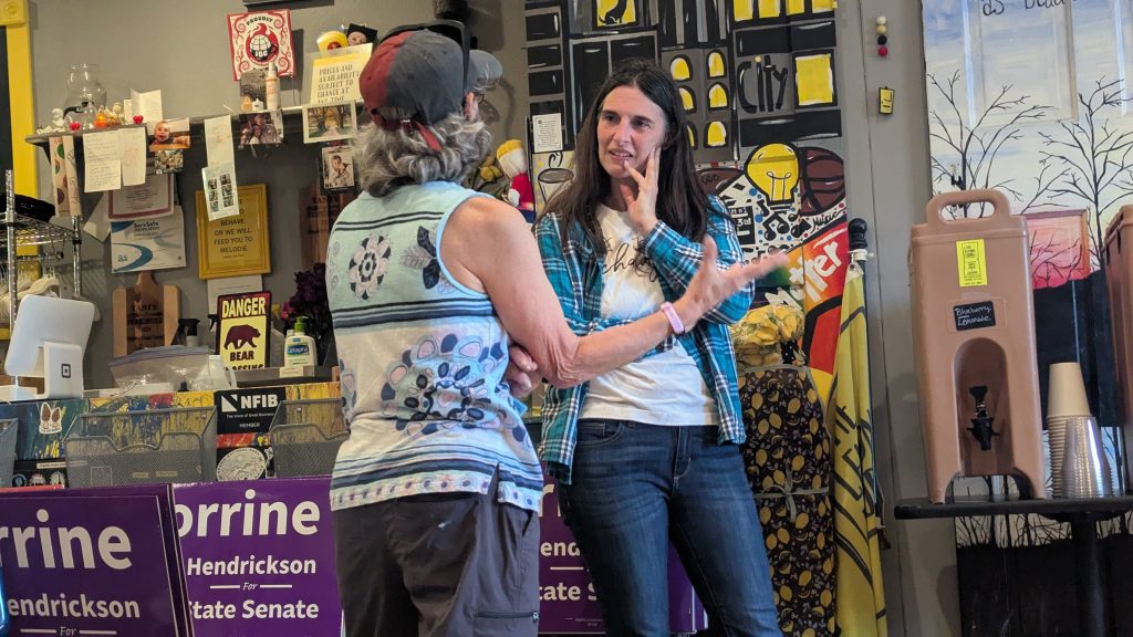 Wisconsin Senate District 17 Democratic candidate Corrine Hendrickson visits with residents of Fennimore during a campaign stop on April 23, 2026.