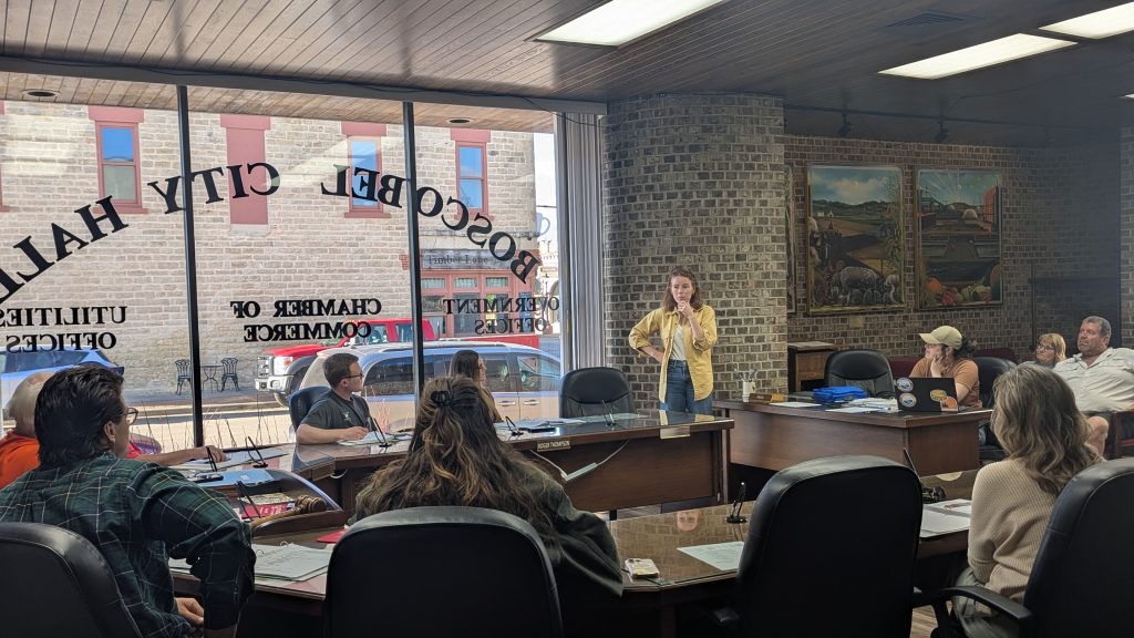 Rebecca Cooke, candidate for Congress in Wisconsin's 3rd Congressional District, speaks at a Boscobel Chamber of Commerce meeting on May 13, 2026.